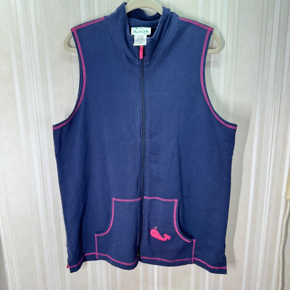 Vintage The Quacker Factory Pink Blue Whale Embroidered Vest Full Zip Size‎ XL
